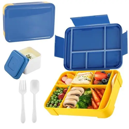 Produktbild: MQVXT Lunchbox für Kinder, 1330ML Brotdose mit 5 Fächern, BPA Frei, Mikrowelle & Spülmaschinenfest, Bento Box für Erwachsene oder Kinder (Blau)
