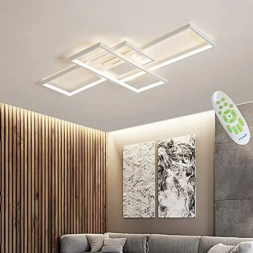 Produktbild: MQW Moderne LED Deckenleuchte Dimmbar Deckenlampe Wohnzimmerlampe mit Fernbedienung 80W Geometrisch Wandlampe Multifunktional Deckenbeleuchtung Schlafzimmer Studie Wohnzimmer Leuchter, Weiß,90cm