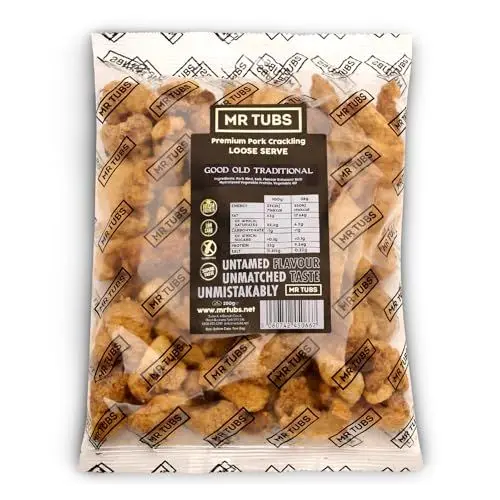 Produktbild: Mr Tubs Pork Crackling - 250g-Tüte - Premium Schweinekrusten Snack, – Glutenfreier, Proteinreicher, Kohlenhydratarmer, Ketofreundlicher Snack (250g, Traditional)