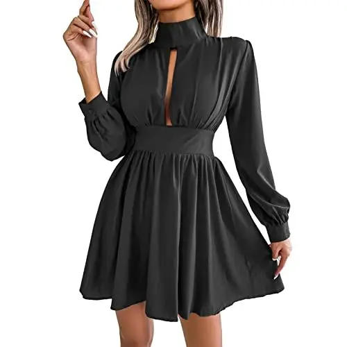 Produktbild: Shanrya Einfarbiges Rollkragenkleid, Modisches Plissiertes Polyester-Minikleid für Dating, für Frauen für Party (L)