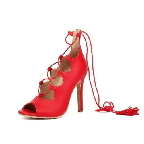 Produktbild: MRKEWUNEY Damens Schnüren Sandalen Gladiator Stiefeletten Peep Toe Stiletto Stiefeletten Big Size Kn?chel Stiefel Sandalen Cutout Caged Sommer Stiefeletten Red Size 39