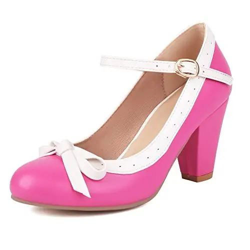 Produktbild: MRKEWUNEY Elegant Bogen Mary Jane Schuhe Damen Block Heel Pumps Runde Zehen Kn?Chelriemchen Cone Heel Bogen Mary Jane Hochzeit Dress Schuhe Cherry Size 42