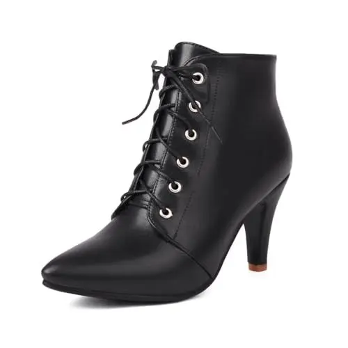 Produktbild: MRKEWUNEY Elegant Cone Heel Kn?chel Stiefel für Frauen Schnüren Pointed Toe Stiletto Heel Stiefeletten Medium and Wide Width Baylor Stiefeletten Over Size Winter Arbeit Schuhe Black Size 34