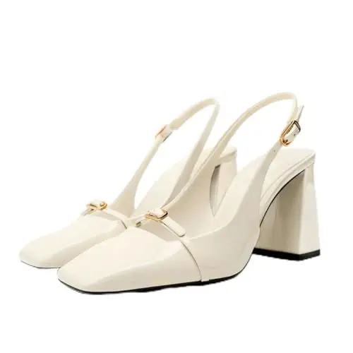 Produktbild: MRKEWUNEY Elegant Damens Slingback Mary Janes Chunky Heel Pumps Closed Runde Zehen Double Straps Dress Schuhe Adjustable Kn?Chelriemchen Mary Jane Beige Size 38