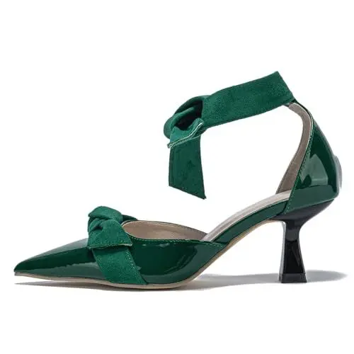Produktbild: MRKEWUNEY Mode Chunky Heel Bow Pumps für Frauen Pointed Toe Medium Heel Dress Schuhe Pointed Toe Ohne Verschluss Kn?Chelriemchen Cutout Elegant Party Hochzeit Pumps Green Size 39