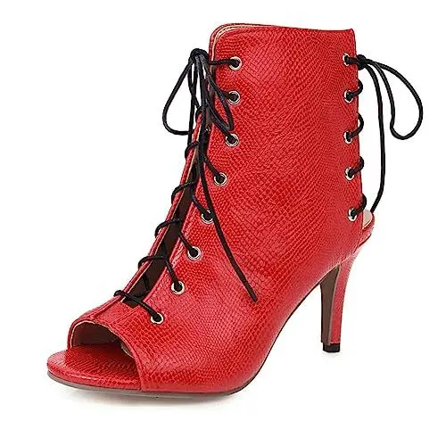 Produktbild: MRKEWUNEY Mode Damens Gladiator Stiefeletten Schnüren Stiletto Heel Stiefeletten Peep Toe Kn?chel Stiefel Sandalen Cutout Caged Sommer Stiefeletten Red Size 39