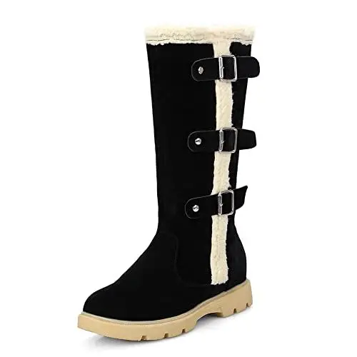Produktbild: MRKEWUNEY Winter Schneestiefel für Frauen Flach Heel Warm Gefüttert Knee Hohe Stiefel Side Zipper Fell Mode Schnalle Franse Wide Calf Schneestiefel Black Size 39