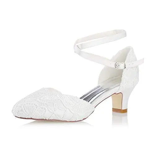 Produktbild: Mrs White Damen Brautschuhe 00967 Geschlossene Zehen Chunky Heel Spitze Satin Pumps Hochzeitsschuhe, Elfenbein, 38 EU