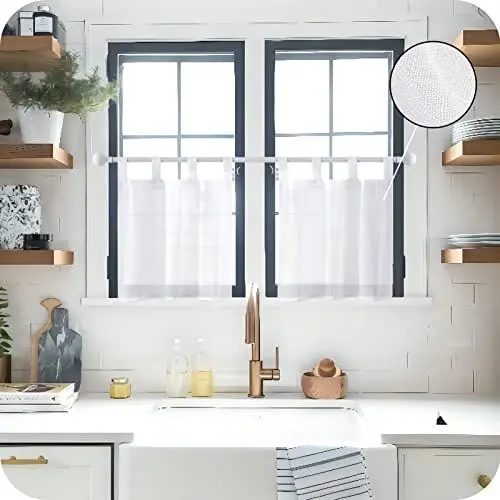 Produktbild: MRTREES Gardine Küche Stores Gardine Weiß Wohnzimmer Gardinen modern Schlaufenschal 2er Set 60×120cm (H×B) Vorhänge Leinenoptik halbtransparent Schals Vorhang kurz
