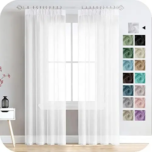 Produktbild: MRTREES Gardinen mit Kräuselband Stores Gardinen Weiß kurz transparent 245X140cm (HXB) Schlaufenschals 2er Set Vorhänge in Leinenoptik für Wohnzimmer Schlafzimmer Mädchen Jugend Curtains