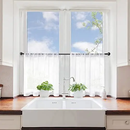 Produktbild: MRTREES Küchenvorhänge Stores Gardine Weiß Wohnzimmer Gardinen modern Schlaufenschal 2er Set 45×120cm (H×B) Vorhänge Leinenoptik halbtransparent Schals Vorhang kurz