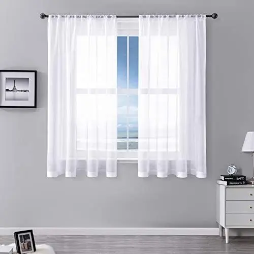 Produktbild: MRTREES Stores Gardine Weiß Wohnzimmer Gardinen modern Schlaufenschal 2er Set 122×140cm (H×B) Vorhänge Leinenoptik halbtransparent Schals Vorhang kurz