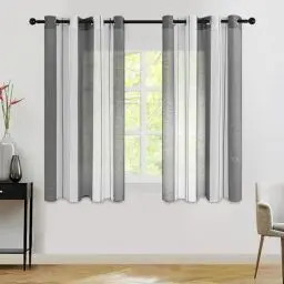 Produktbild: MRTREES Voile Gardinen Kurz Vorhang Halbtransparent Streifen Stores Schals mit Ösenschal Moderner Wohnstil Weiß+Grau 122×140cm (H×B) für Dekoration Kinderzimmer Wohnzimmer Schlafzimmer 2er-Set
