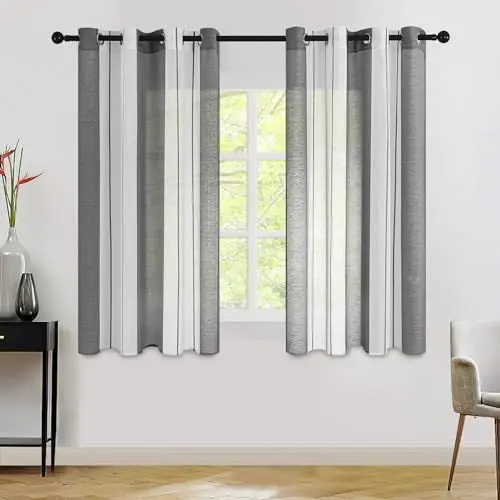 Produktbild: MRTREES Voile Gardinen Kurz Vorhang Halbtransparent Streifen Stores Schals mit Ösenschal Moderner Wohnstil Weiß+Grau 122×140cm (H×B) für Dekoration Kinderzimmer Wohnzimmer Schlafzimmer 2er-Set