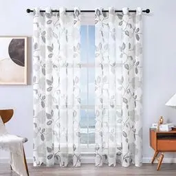 Produktbild: MRTREES Voile Gardinen Vorhang halbtransparent kurz Gardine Blumen Vorhänge Muster mit Ösen in Leinenoptik Grau 225×140 (H×B) Schlaufenschal 2er Set für Wohnzimmer Schlafzimmer Kinderzimmer