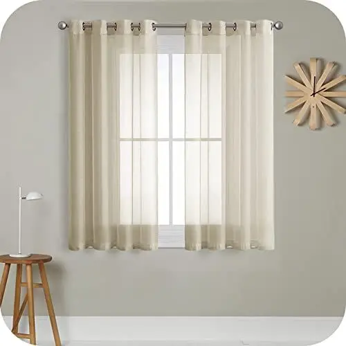 Produktbild: MRTREES Voile Gardinen Vorhang halbtransparent kurz mit Ösen in Leinenoptik Stores Gardinen Schals für Wohnzimmer Schlafzimmer Kinderzimmer Beige 145×140cm (H×B) 2er Set