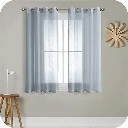 Produktbild: MRTREES Voile Gardinen Vorhang halbtransparent kurz mit Ösen in Leinenoptik Stores Gardinen Schals für Wohnzimmer Schlafzimmer Kinderzimmer Grau 140×122cm (BxH) 2er Set