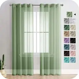 Produktbild: MRTREES Voile Gardinen Vorhang halbtransparent kurz mit Ösen in Leinenoptik Stores Gardinen Schals für Wohnzimmer Schlafzimmer Kinderzimmer Olivgrün 225×140cm (H×B) 2er Set