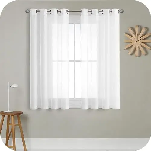 Produktbild: MRTREES Voile Gardinen Vorhang halbtransparent kurz mit Ösen in Leinenoptik Stores Gardinen Schals für Wohnzimmer Schlafzimmer Kinderzimmer Weiß 145×140cm (H×B) 2er Set