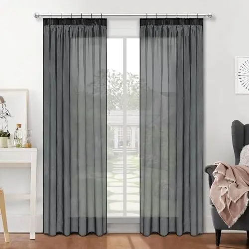 Produktbild: MRTREES vorhänge mit kräuselband für schiene, Vorhang anthrazit 225 cm lang halbtransparent, Wohnzimmer gardinen modern 2er Set Schlafzimmer gardinen und vorhänge 140 cm breit