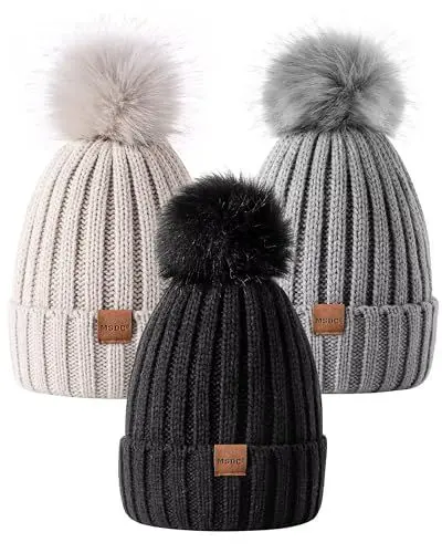 Produktbild: MSDC Beanie Mütze Damen mit Bommel 3 Stück, Mütze Damen Winter Modisch Gestrickte Warme Totenkopfmütze, Mütze Damen für Kaltes Wetter(Schwarz+Beige+Grau)