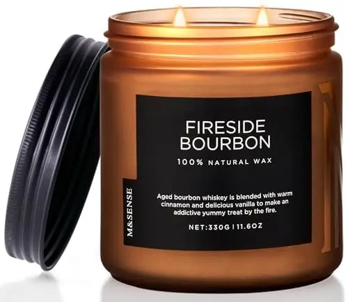 Produktbild: M&SENSE FiresideBourbon Duftkeren im Glas 330g saubere Sojawachskerze bis zu 70 Std. Brenndauer rauchige Kerze 2-Docht-Herbstduftkerze für Wohnungsdekoration Aromatherapiekerze für das Badezimmer