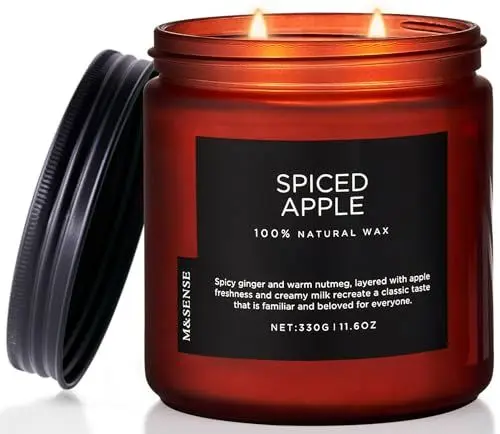Produktbild: M&SENSE Gewürzter Apfel Duftkerzen 330g natürliche Sojawachskerze Spiced Apple 2 Wick Fragrance Strong Scented Candle bis zu 70 Std. Brenndauer stark duftende Herbstkerzengeschenk für Weihnachten