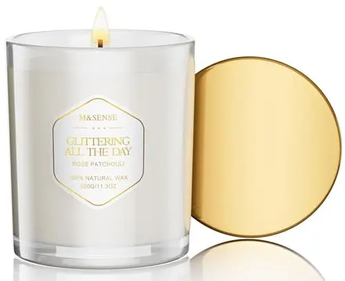 Produktbild: M&SENSE Glittering Day Duftkerze im Glas Rose & Patchouli duftende Winter Kerze 230g natürlichen Sojawachs Baumwolle Docht für Heim Deko bis zu 70 Std Brenndauer Aromatherapie MSDD0205 GlitteringDay