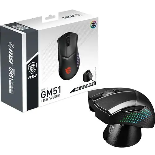 Produktbild: MSI Clutch GM51 Lightweight Wireless Gaming Maus - 26.000 DPI Optischer Sensor, 650 IPS, symmetrisch, 60Mio+ Click OMRON-Switches, 1000Hz Abtastrate, 1ms Latenz, RGB Mystic Light, 85g, kabellos