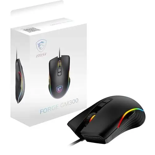 Produktbild: MSI Forge GM300 Gaming-Maus – 7200 DPI optischer Sensor, symmetrisch, 10 Mio. Klicks, 7 Tasten, 8 ms Latenz, RGB-LED, 118 g – kabelgebunden