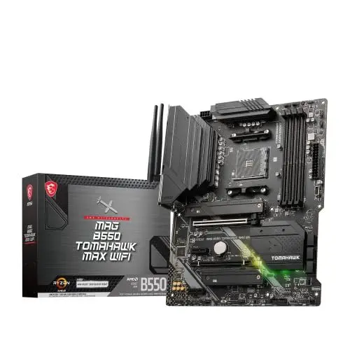Produktbild: MSI MAG B550 TOMAHAWK MAX WIFI Mainboard ATX, AM4 - AMD Ryzen 5000 bereit - DDR4 Boost 5100+MHz/OC, PCIe 4.0 & 3.0 x16, M.2 Gen4 & Gen3, 2.5G LAN, Wi-Fi 6E, Bluetooth 5.2