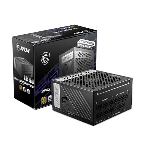 Produktbild: MSI MPG A1000G PCIE5 Netzteil EU Stecker, 1000W, 80 Plus Gold zertifiziert, vollmodulares ATX 3.0, unterstützt PCIe 5.0 GPU, japanische 105°C Kondensatoren, 0% RPM Modus, Flachkabel