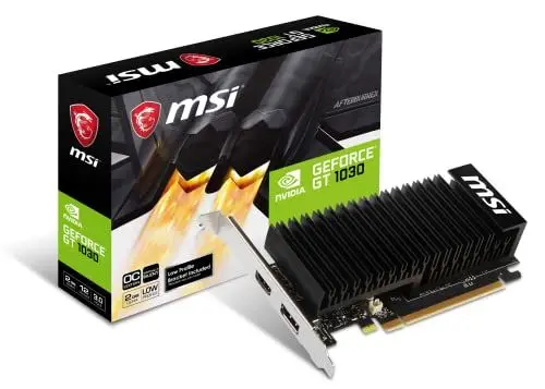 Produktbild: MSI NVIDIA GEFORCE GT 1030 2GHD4 LP OC Grafikkarte '2 GB GDDR4, 1518 MHz, Low Profile Design, DisplayPort, HDMI, passives lüfterloses Kühlsystem Schwarz