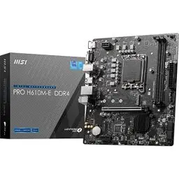 Produktbild: MSI PRO H610M-E DDR4 Motherboard, Micro-ATX - Unterstützt Intel 12th Gen Core Prozessoren, LGA 1700-2X DIMM (3200MHz), 1x PCIe 4.0 x16 Slot, 1 x M.2 Gen3, USB 3.2 Gen1, 1G LAN, HDMI 1.4 & VGA