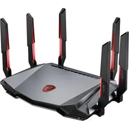 Produktbild: MSI Radix AXE6600 WiFi 6E Tri-Band Gaming Router - Schnelles WLAN bis 6600 Mbit/s (6GHz, 5GHz, 2,4GHz Wireless), AI QoS Priority, MU-MIMO, Beamforming, WPA3, 2.5G WAN/LAN & 4X 1G LAN Anschlüsse - RGB