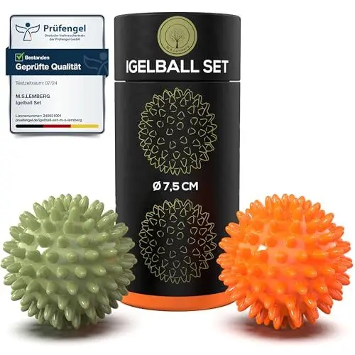 Produktbild: M.S.Lemberg® Igelball Massage Set - Massageball für Reflexzonen, Anti-Stress, Entspannung Geschenk - Noppenball Fußmassage Rücken Nacken Hand Fuß - Ball mit Noppen klein - hart & mittel-weich