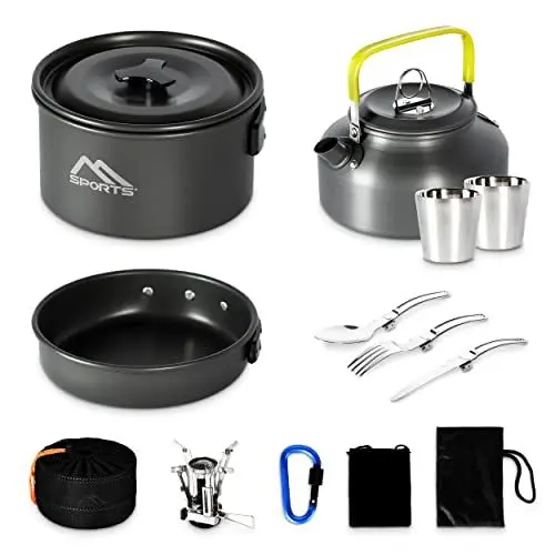 Produktbild: MSPORTS Camping Kochset Premium - Kochgeschirr Outdoor aus Aluminium um Geschirr Set Kochtopf Topf & Pfanne aus Aluminium und Edelstahl, für 2-5 Personen (2-3 Personen + Campingkocher)