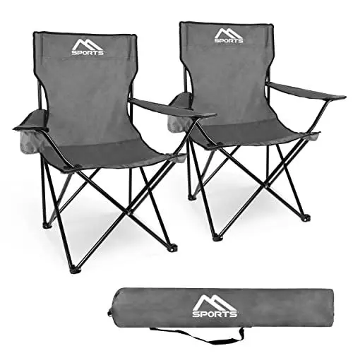 Produktbild: MSPORTS Campingstuhl Premium inkl. Tragetasche in Grau Anglerstuhl Faltstuhl - 2er Set - Klappstuhl mit Armlehne und Getränkehalter praktisch robust leicht