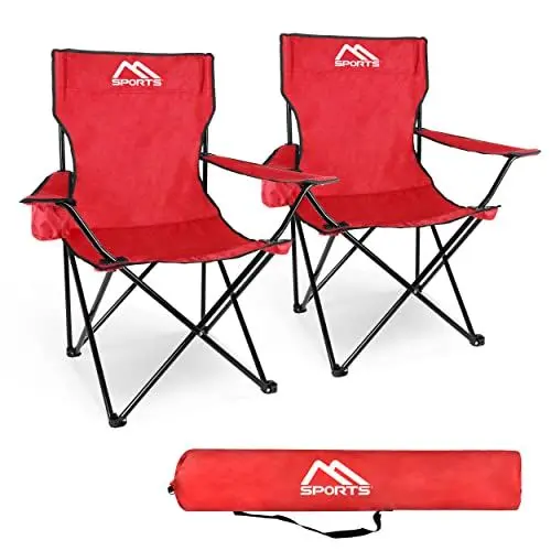 Produktbild: MSPORTS Campingstuhl Premium inkl. Tragetasche in Rot Anglerstuhl Faltstuhl - 2er Set - Klappstuhl mit Armlehne und Getränkehalter praktisch robust leicht