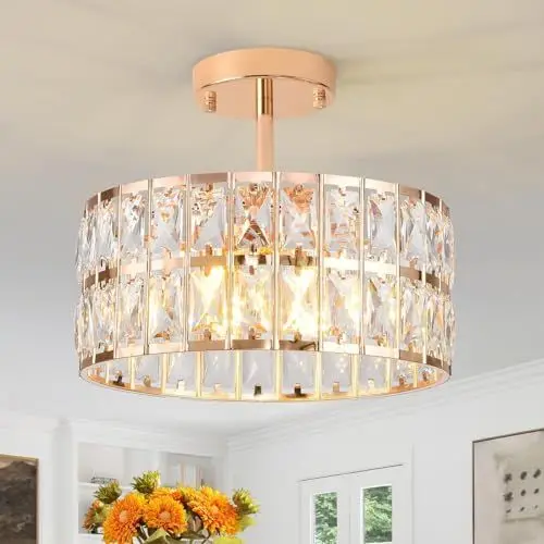 Produktbild: MSSIAN Gold Kristall Kronleuchter, moderne Semi Flush Mount Kronleuchter 4-Ligh Trommel Kristall Deckenleuchte für Foyer Eingang Küche Flur Esszimmer D30cm