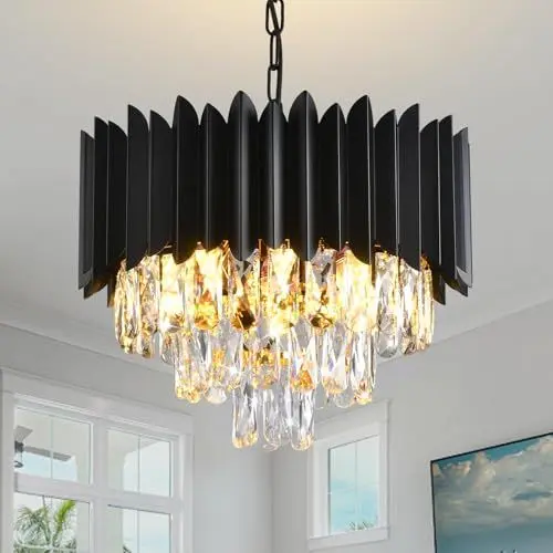 Produktbild: MSSIAN Moderne Kristallleuchter 3-Tier K9 Runde Kristallleuchter Leuchte Kleine schwarze Kristallleuchter Deckenleuchte für Esszimmer Wohnzimmer Schlafzimmer Eingang, E14 * 5Light