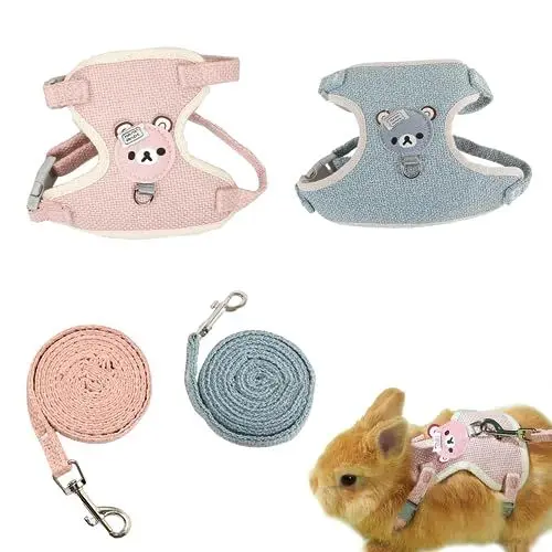 Produktbild: MsTeco 2 Stück Verstellbares Hasengeschirr, Kaninchen Leine für Zwergkaninchen, Leine Weiches Geschirr für Kaninchen, für Kleintier Hase Hamster Katze Outdoor (S, Blau, Rosa)