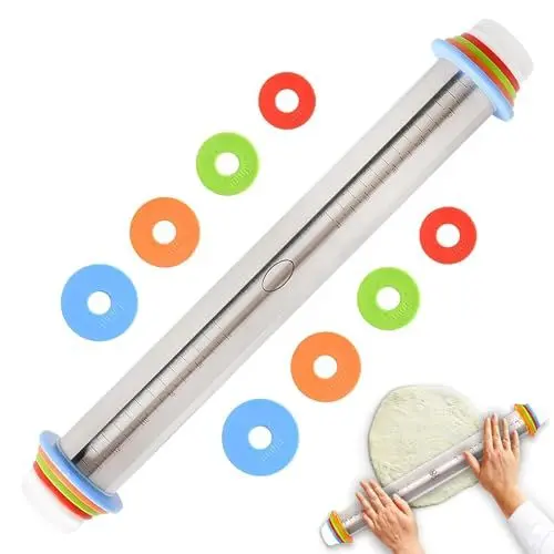 Produktbild: MsTeco Nudelholz, Edelstahl Teigroller Verstellbar Rolling Pin 17 Zoll Ausrollstab mit 4 Abnehmbaren Dickenringen für Torten, Teig, Baken, Kekse, Pizza
