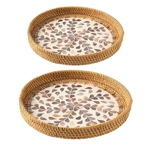 Produktbild: MSUIINT 2er-Pack Rattan-Serviertablett aus Perlmutt, Rundes, Gewebtes Rattan-Serviertablett, Dekoratives Präsentationstablett, Aufbewahrungsplatten, Tisch-/Schreibtisch-Organizer-Tablett für(#5)