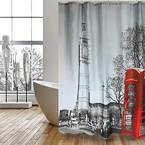 Produktbild: MSV Anti-Schimmel Duschvorhang - Anti-Bakteriell, waschbar, wasserdicht, mit 12 Duschvorhangringen - Polyester, „London“ 180x200cm, Londres