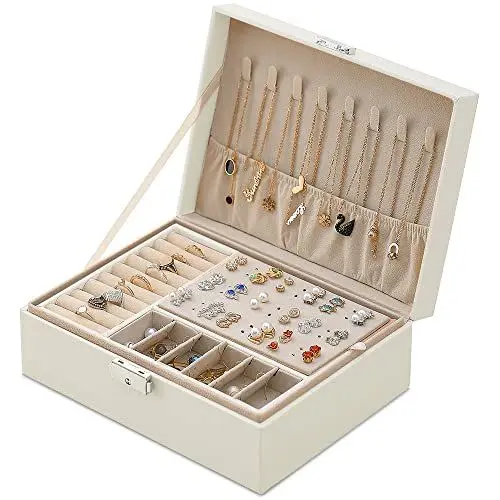 Produktbild: Mtianxy Schmuckkästchen, Damen Doppelschicht PU-Leder Aufbewahrungskoffer für Ringe Ohrringe Armbänder Halsketten Schmuck Veranstalter Geschenkbox für Mädchen Frauen (Weiß)