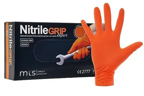 Produktbild: MTS Safety & Protection Einweghandschuhe M - 50 Stück/Box Nitrilhandschuhe Orange Handschuhe Nitril Diamantstruktur Grip - Einmalhandschuhe Puderfreie & Latexfreie Gummihandschuhe (M, 50 Stück)