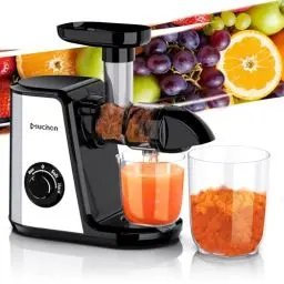 Produktbild: Muchen Slow Juicer Entsafter Gemüse und Obst Testsieger 150W Leiser Motor, Rückwärtszerkleinerung, Einfache Reinigung, Edelstahl Design in Schwarz & Silber, inkl. Rezeptbuch
