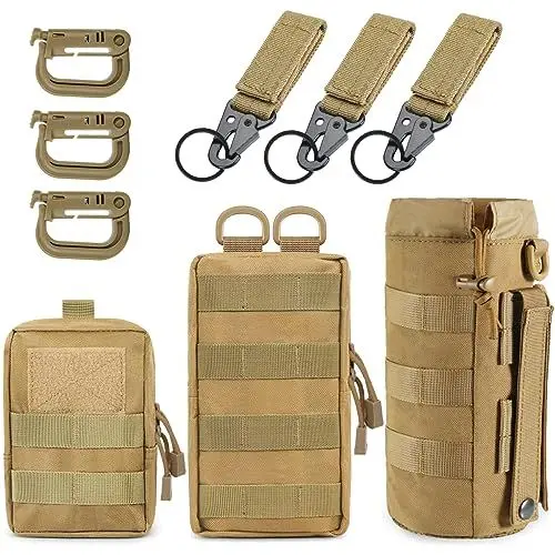 Produktbild: MUCHER 3 Pack Molle Tasche Taktische Hüfttaschen EDC Utility Bauchtasche Hüfttasche mit 3 Haken und Schlüsselanhänger für Outdoor Wandern Jagdcamping Training (Khaki)
