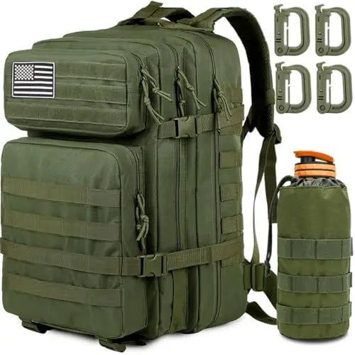 Produktbild: MUCHER 45L Militär Taktische Rucksack Herren mit Flaschenhalter und 4 Haken Große Wanderrucksack Molle Armee Assault Rucksack für Wandern Jagd, Trekking und Camping und Outdoor Aktivitäten (Grün)